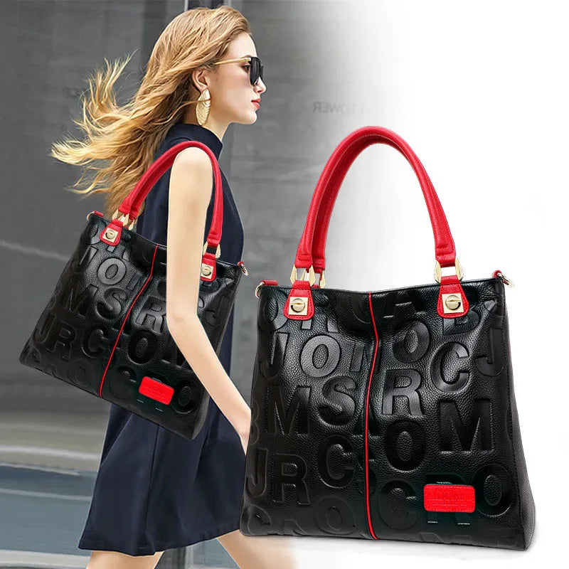 New Fashion Versatile Women's Handheld Shoulder Bag with Large Capacity Letter Printing High Quality Cowhide Tote Bag