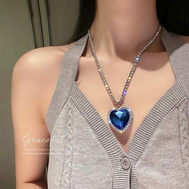 Heart of Ocean Blue Heart Necklaces for Women Rhinestone Crystal Long Chain Necklaces Love Forever Jewelry For Party Gifts