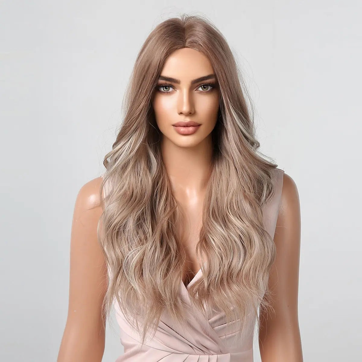 Long Wavy Wigs White Blonde Brown Roots Synthetic Natural Wave Hair Cosplay Wigs for Women High Temperature Fiber Middle Part