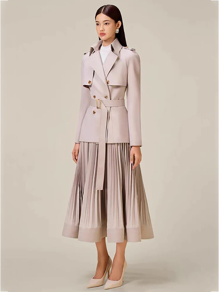 DEAT Women 2 Pcs Set Notched Collar Long Sleeve Double Breasted Belt Coat Folds Skirt Office Lady Suit Autumn 2024 New 13DB4515