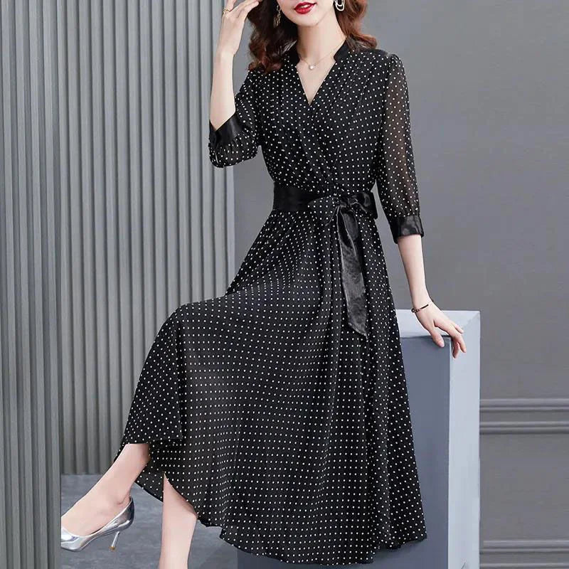 Elegant V-Neck Spliced Loose Bandage Bow Polka Dot Midi Dress Women Clothing 2023 Autumn New Oversized Office Lady Floral Dress