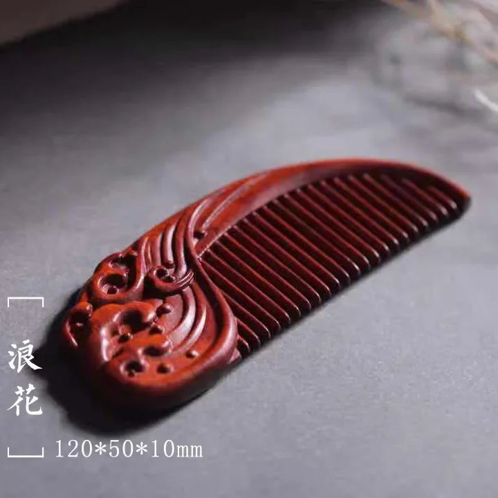 Natural Rhinoceros Horn Small Leaf Red Sandalwood Carved Wood Comb Retro Style Massage Comb Gifts with comb