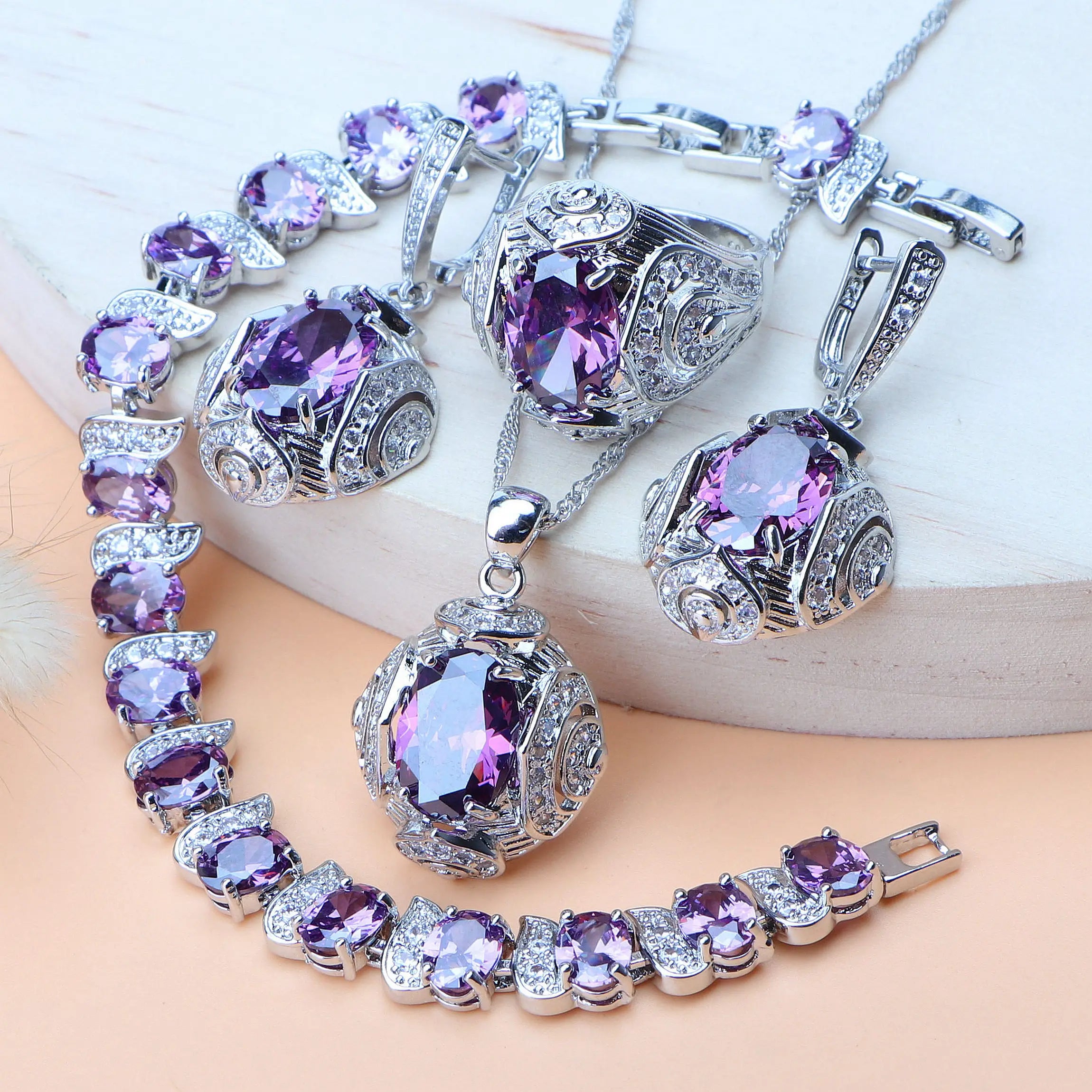 Rainbow Natural Zircon Jewelry Sets 925 Sterling Silver Women Wedding Jewelry Earrings Bracelets Rings Pendant Necklace Set - KIMLUD