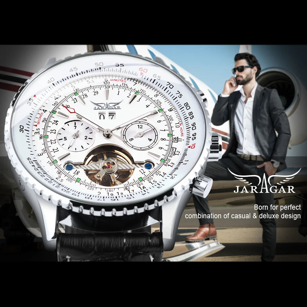 JARAGAR 034 brand tourbillon men's fully automatic mechanical watches waterproof leather strap mechanical watch for men