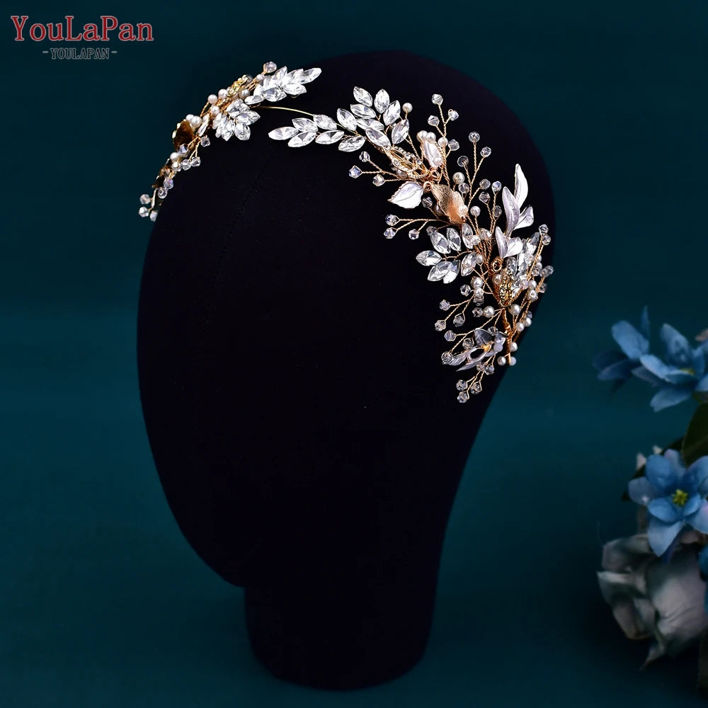 YouLaPan Alloy Leaves Headband Bridal Wedding Rhinestone Headwear Delicate Handmade Beaded Crystal Jewelry Hair Accessory HP272