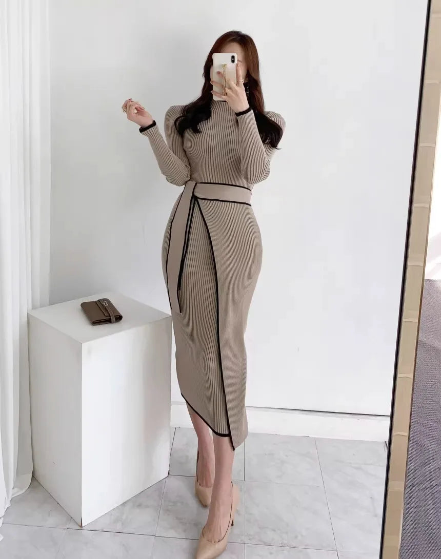 YuooMuoo Elegant Lace Up Turtleneck Knitted Long Dress Korean Fashion Khaki Black Rib Bandage Bodycon Sweater Dress Robe Femme - KIMLUD