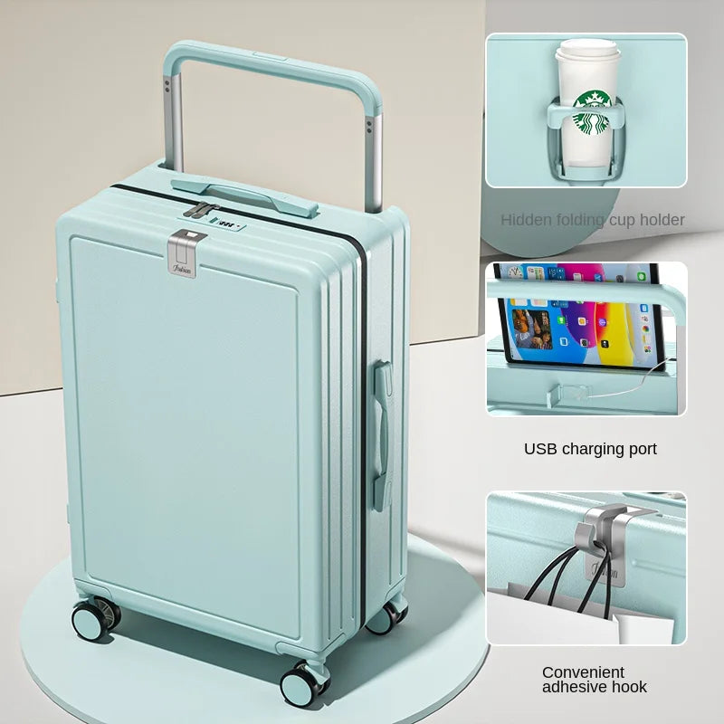 Multifunctional Draw-Bar Suitcase Zipper Wide Handle Trolley Luggage with Cup Holder USB Port Trip Boarding Case Spinner 20 inch