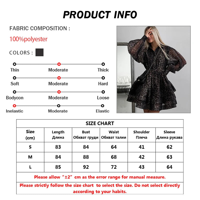 Oymimi Fashion Brown Leopard Print Women's Dress Elegant Long Sleeve Buton Lace-Up Dresses Casual Cascading Ruffle Mini Dresses