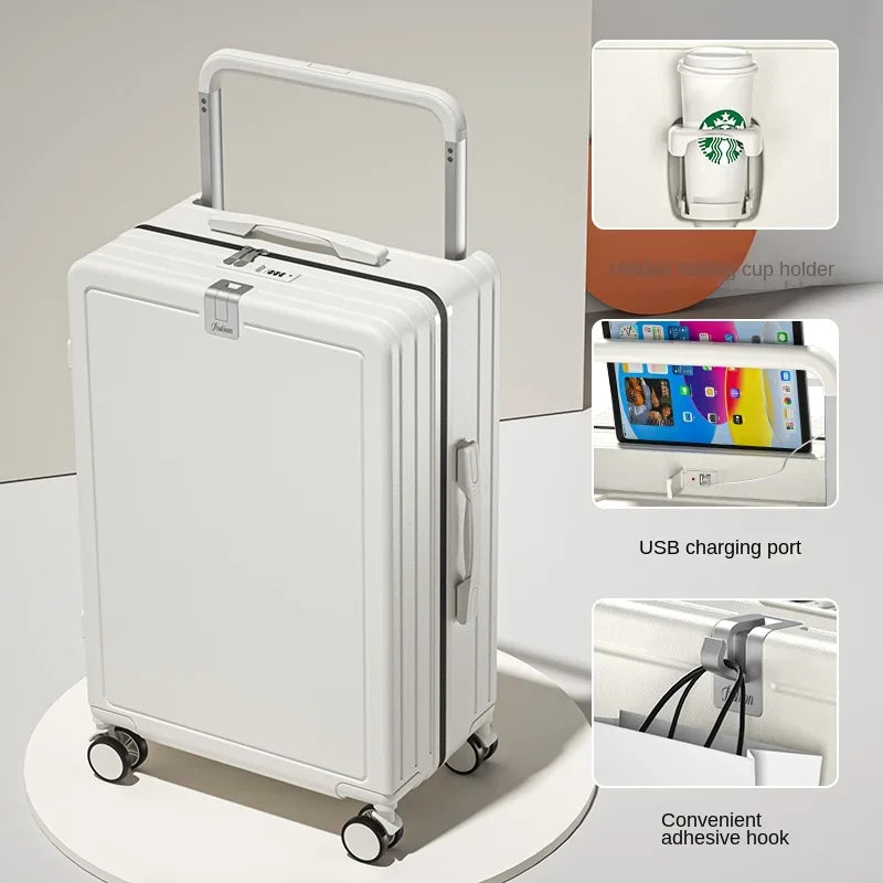 Multifunctional Draw-Bar Suitcase Zipper Wide Handle Trolley Luggage with Cup Holder USB Port Trip Boarding Case Spinner 20 inch