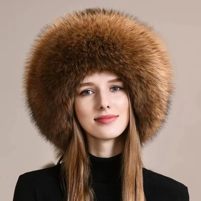 Real Fox Fur Hat For Women Winter Thickened Warm Natural Fur Princess Hat Adjustable Russians Cap Real Raccoon Fur Bomber Caps