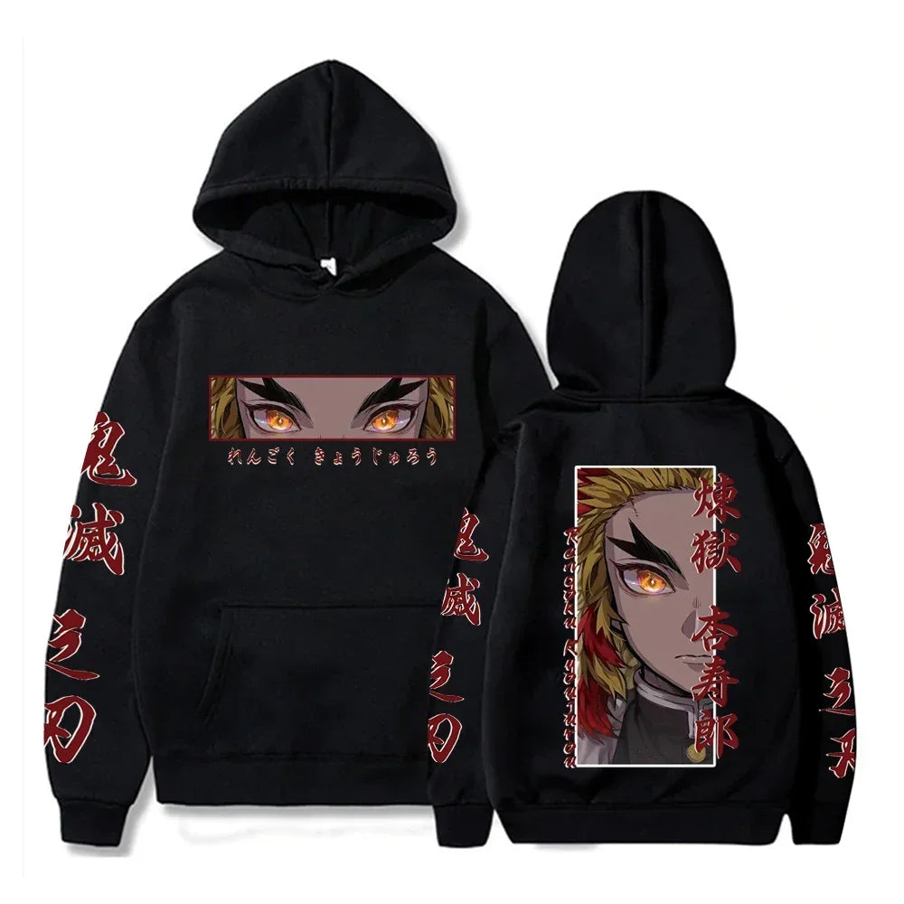 Hot Anime Demon Slayer Hooded Rengoku Kyoujurou Eyes Graphic Print Autumn Winter Men Women Casual Sweatshirt Plus Size Hoodie - KIMLUD