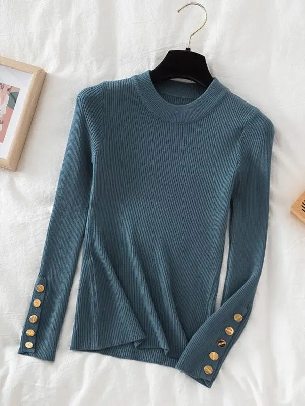 KIMLUD, 2024 women thick sweater pullovers khaki casual autumn winter button o-neck chic sweater female slim knit top soft jumper tops, Blue / One Size, KIMLUD APPAREL - Womens Clothes