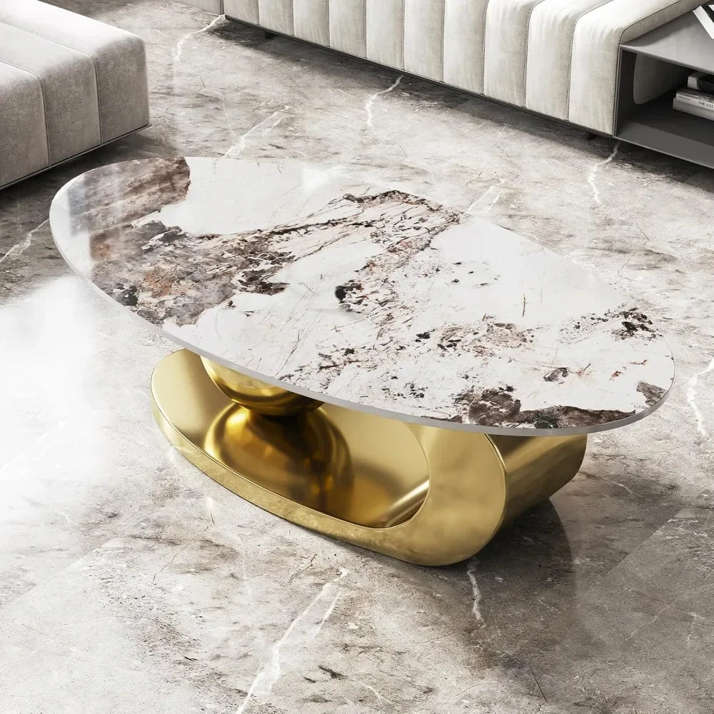 Modern Oval Stone Coffee Table with Abstract Gold Metal Base - Perfect Centerpiece for Stylish Living Rooms Coffee Tables