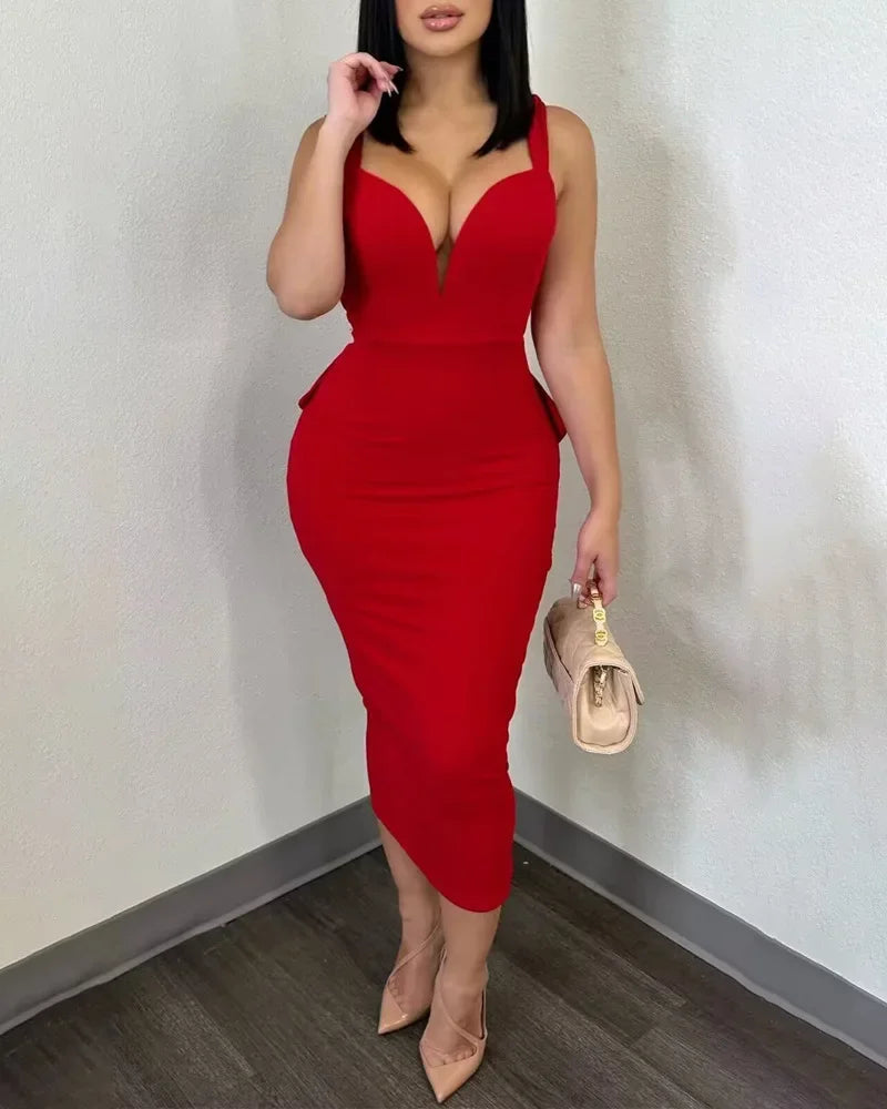 Summer 2024 Vestidos Sexy Party Dresses Women Plunging V-neck Sleeveless Backless Bowknot Ruffles Back Bodycon Midi Dress