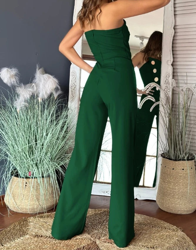 Sexy Asymmetrical Bandeau Strapless Jumpsuit Metal Button Decor Casual Overalls 2025 Woman Long Jumpsuits Elegant