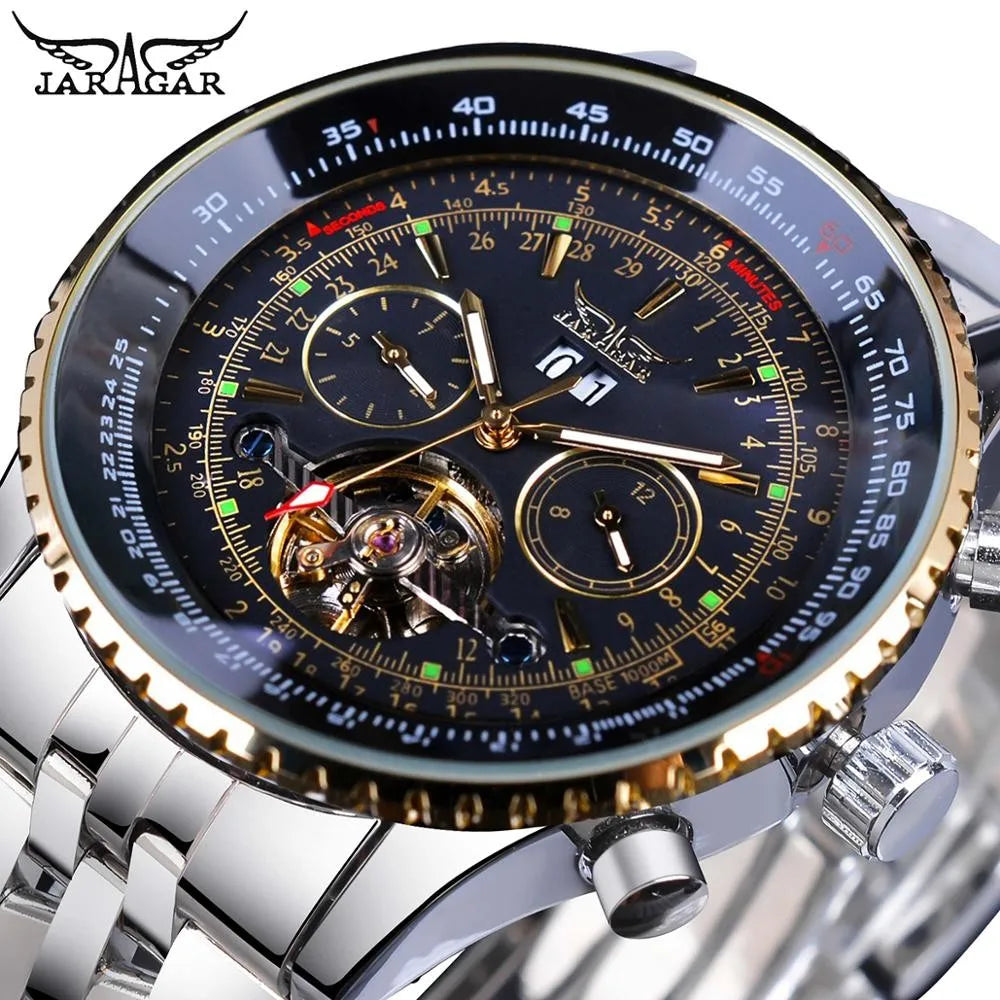 Jaragar Classic Tourbillon Men Mechanical Watch White Automatic Calendar Big Dial Stainless Steel Band Military Pilot Wristwatch - KIMLUD