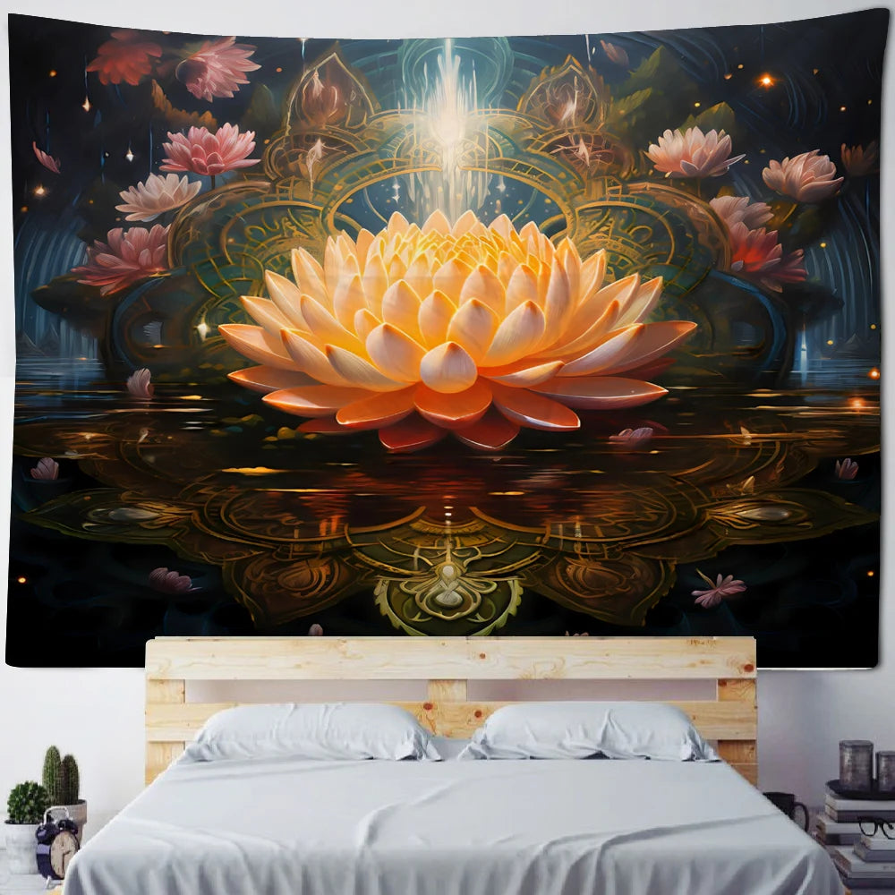 Meditation Lotus Tapestry Wall Art, Large Tapestry Mural Decoration, Home, Bedroom, Living Room Decoration - KIMLUD