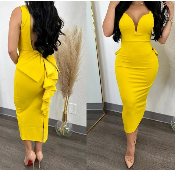 Evening Dresses for Women 2024 Sexy Woman Clothing Backless Deep V Bow Elastic Split Fashion Elegant Hip Wrap Midi Bodycon Dress