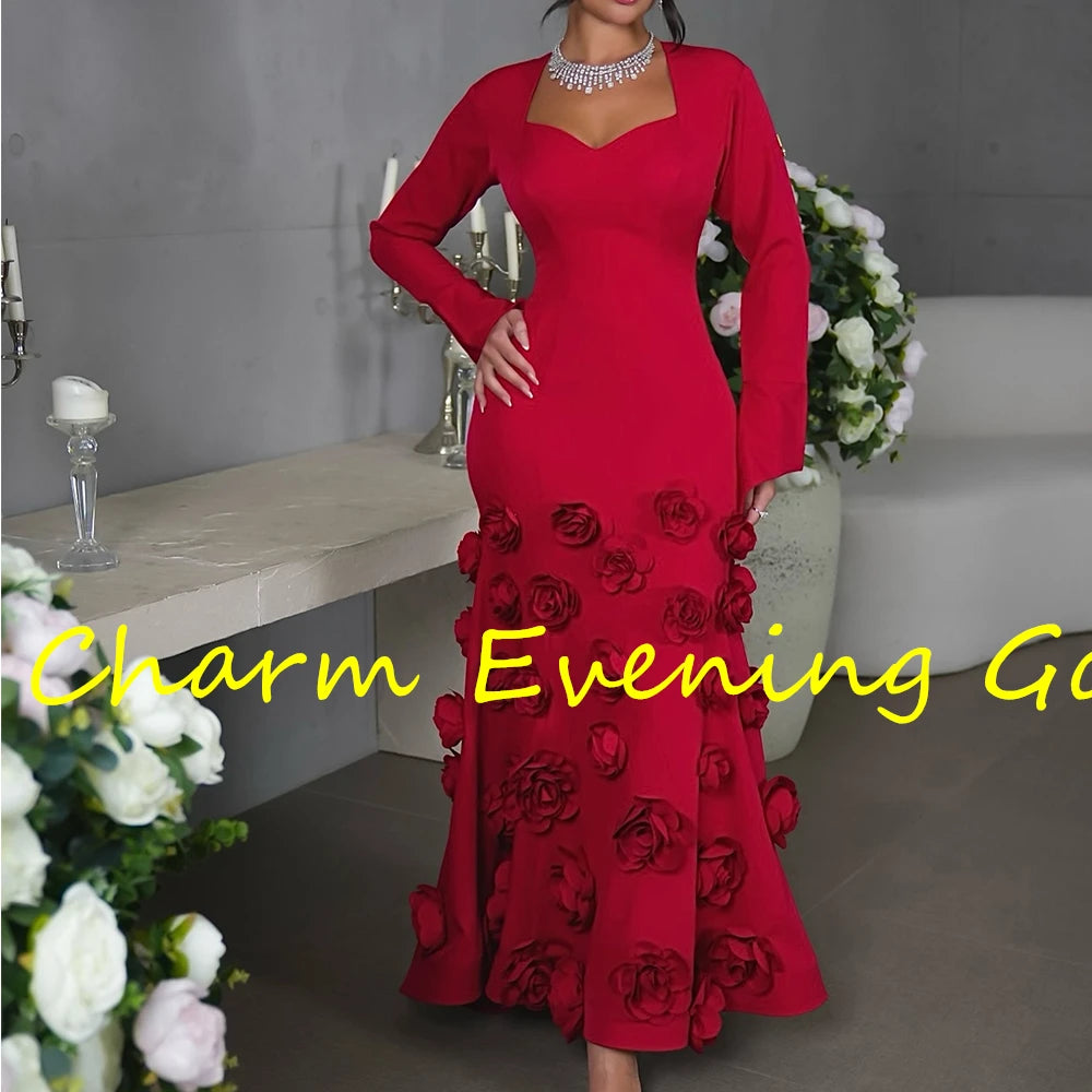 Classic Straight Ankle Length Square Neck Jersey Long Sleeves Flowers Evening Dress Fashion Photo Color vestidos de fiesta