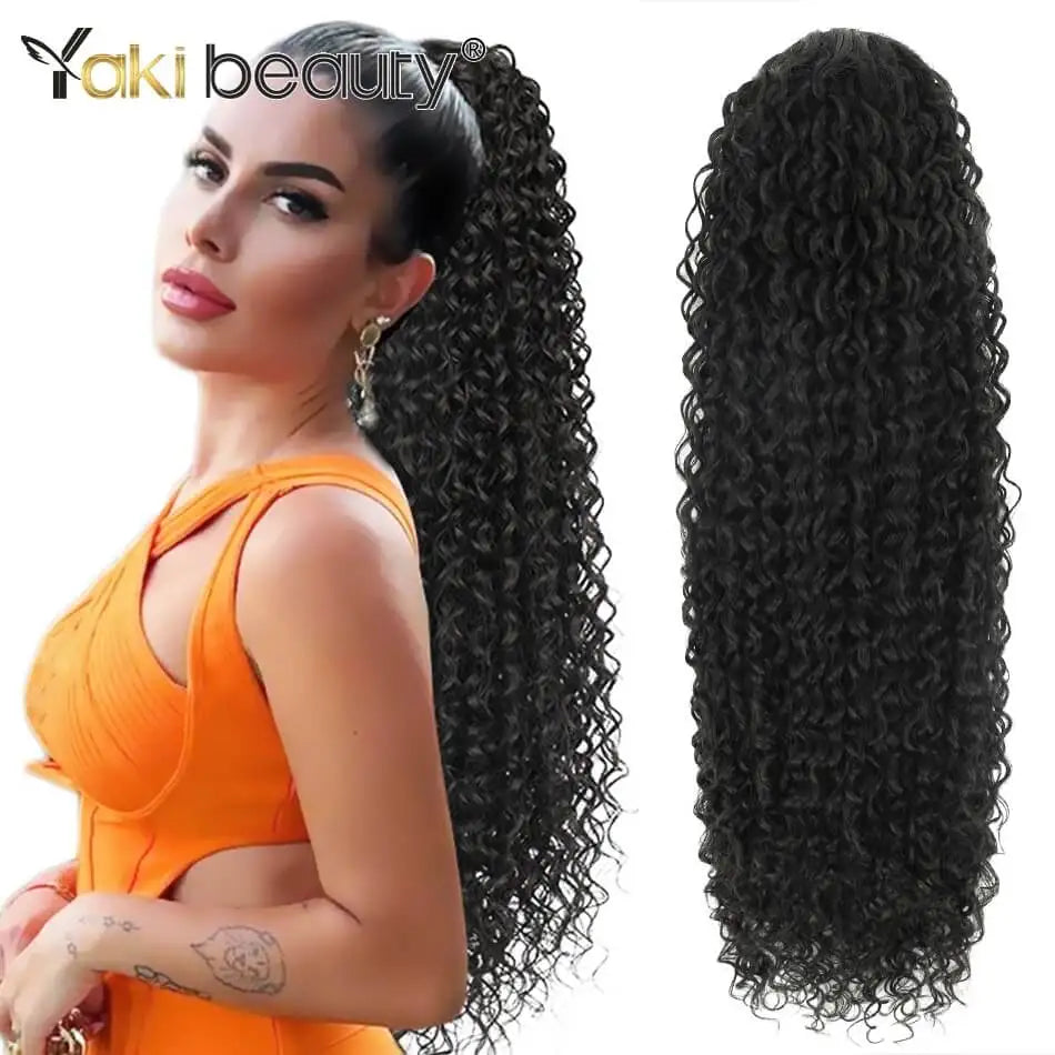 Synthetic Drawstring Ponytail Long Kinky Curly Ponytail Organic Chip-In Hair Extension P4/27 Clip In Pony-Tail By YAKIBEAUTY