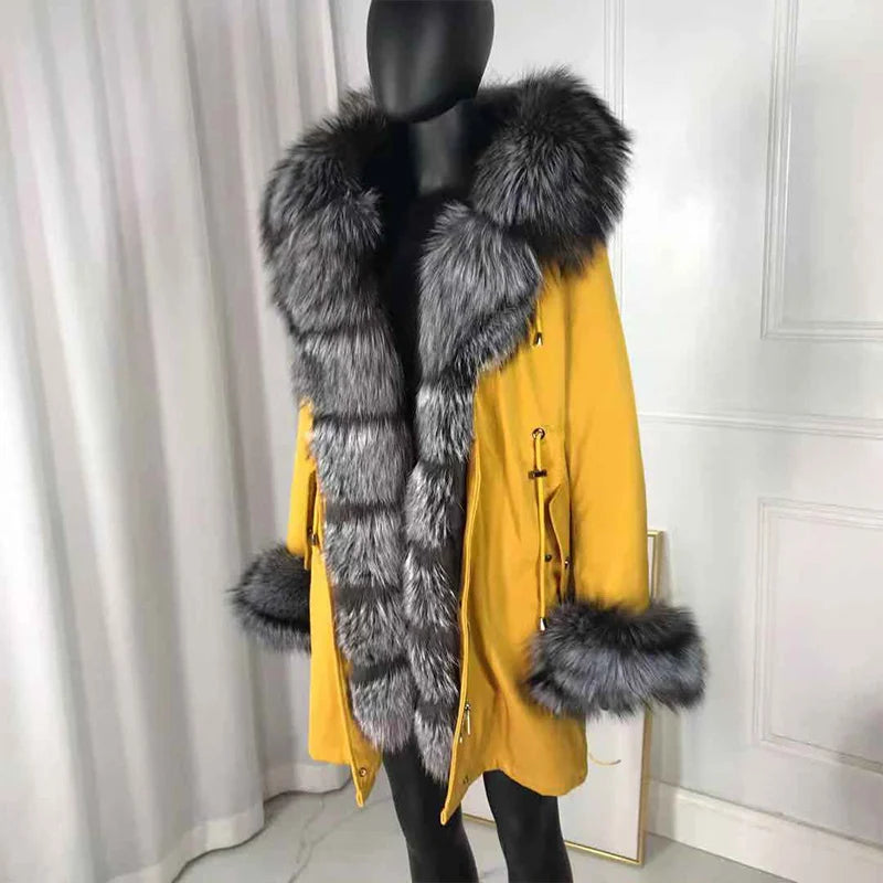 KIMLUD, Women Winter Fox Fur Coat Real Fur Lined Parka Rabbit Fur Lined Coat Parka Best Selling Styles, 2 / XXXL, KIMLUD APPAREL - Womens Clothes