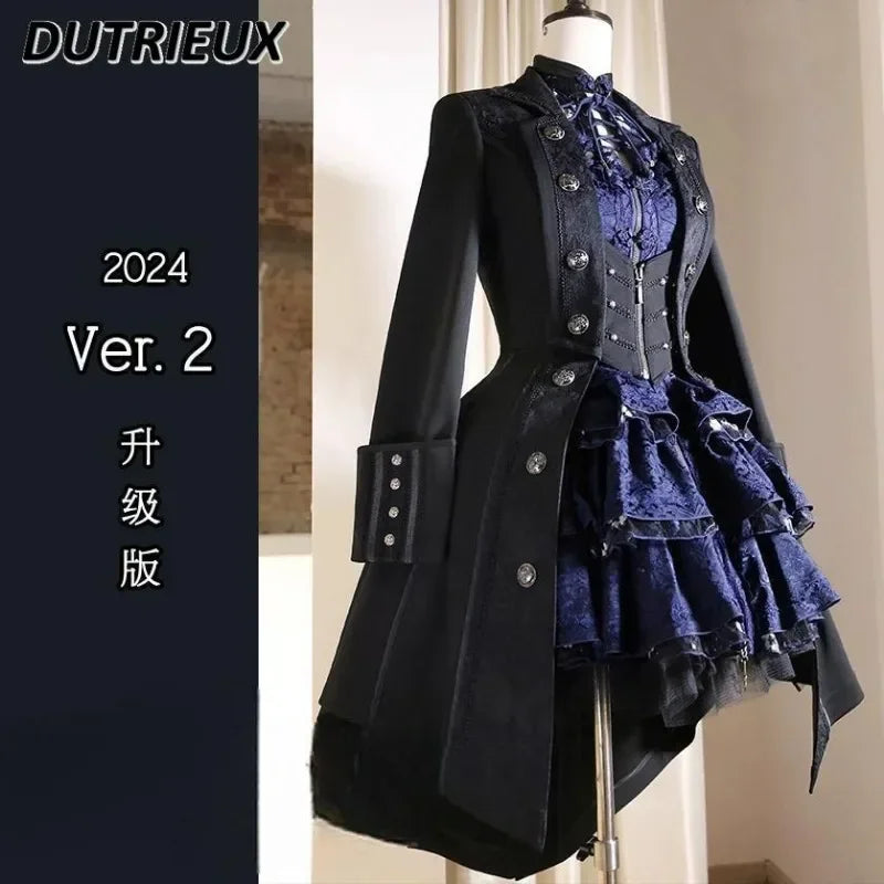 Japanese Retro Dark Long Trench Coat British Style Gothic Handsome Knight Outfit Lolita Sweet Long-sleeved Slimming Jacket