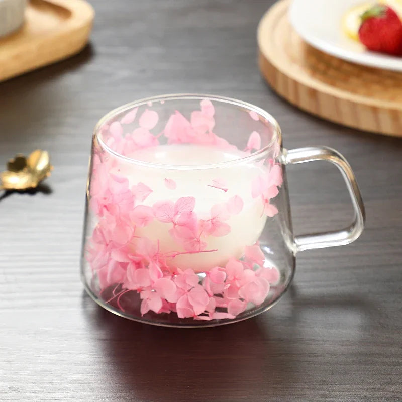 Double Wall Dry Flowers Transparent Glass Coffee Cup with Handle Double-layer Heat Insulation High Temperature Juice Milk Cup - KIMLUD