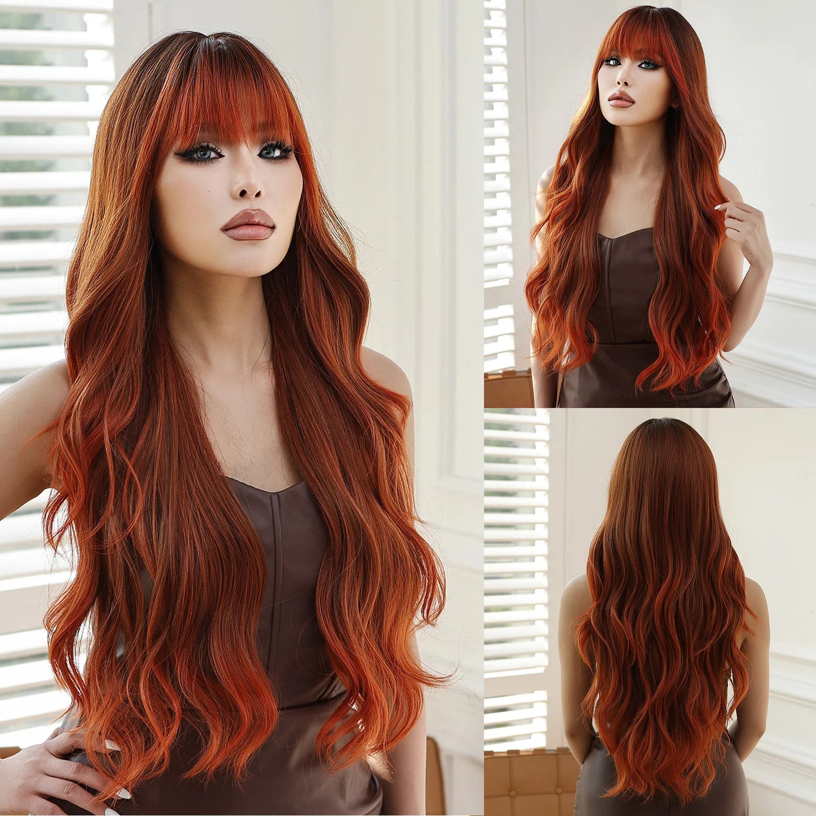 ESIN Red Brown Wavy Synthetic Wigs with Bangs Long Natural Wave Wig for Women Halloween Cosplay Party Colored Wig Heat Resistant - KIMLUD