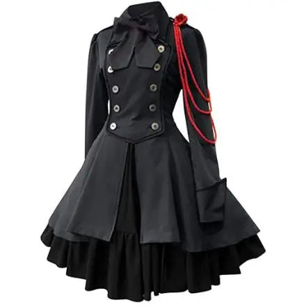 Medieval Cosplay Costumes Retro Gothic Lace Up Chain Bow Lolita Maid Dress Long Sleeves Ruffle Classic Slim Knee Sweet Dress