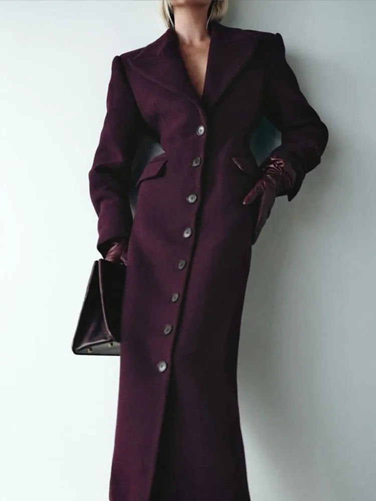 Elegant Wine Red Waist Up Wool Blend Long Jacket Women Chic Lapel Collar Single Breast Overcoat 2025 Autumn Lady High Streetwear