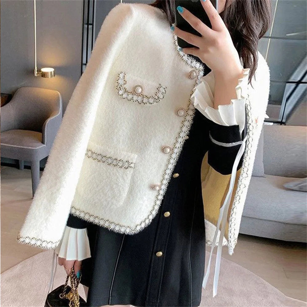 Autumn Winter Korean O-Neck Loose Knitted Cardigan Female Fashion Outwear Elegant Imitation Mink Cashmere Sweater Jacket Women