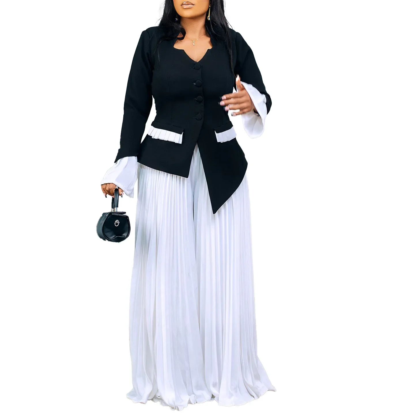 Women's Set Full Flare Sleeve Button Blazer Shirt + Pleated Long Pants Suit Streetwear Two 2 Piece Set Africa OL Outfits