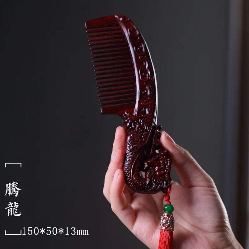 Natural Rhinoceros Horn Small Leaf Red Sandalwood Carved Wood Comb Retro Style Massage Comb Gifts with comb