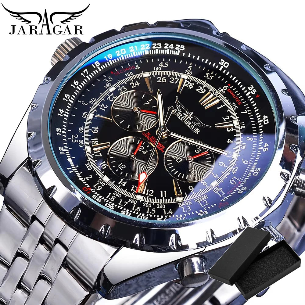 Jaragar Blue Glass Design Black Silver Automatic Watch Stainless Steel Date Clock Luminous Men Business Mechanical Wristwatch