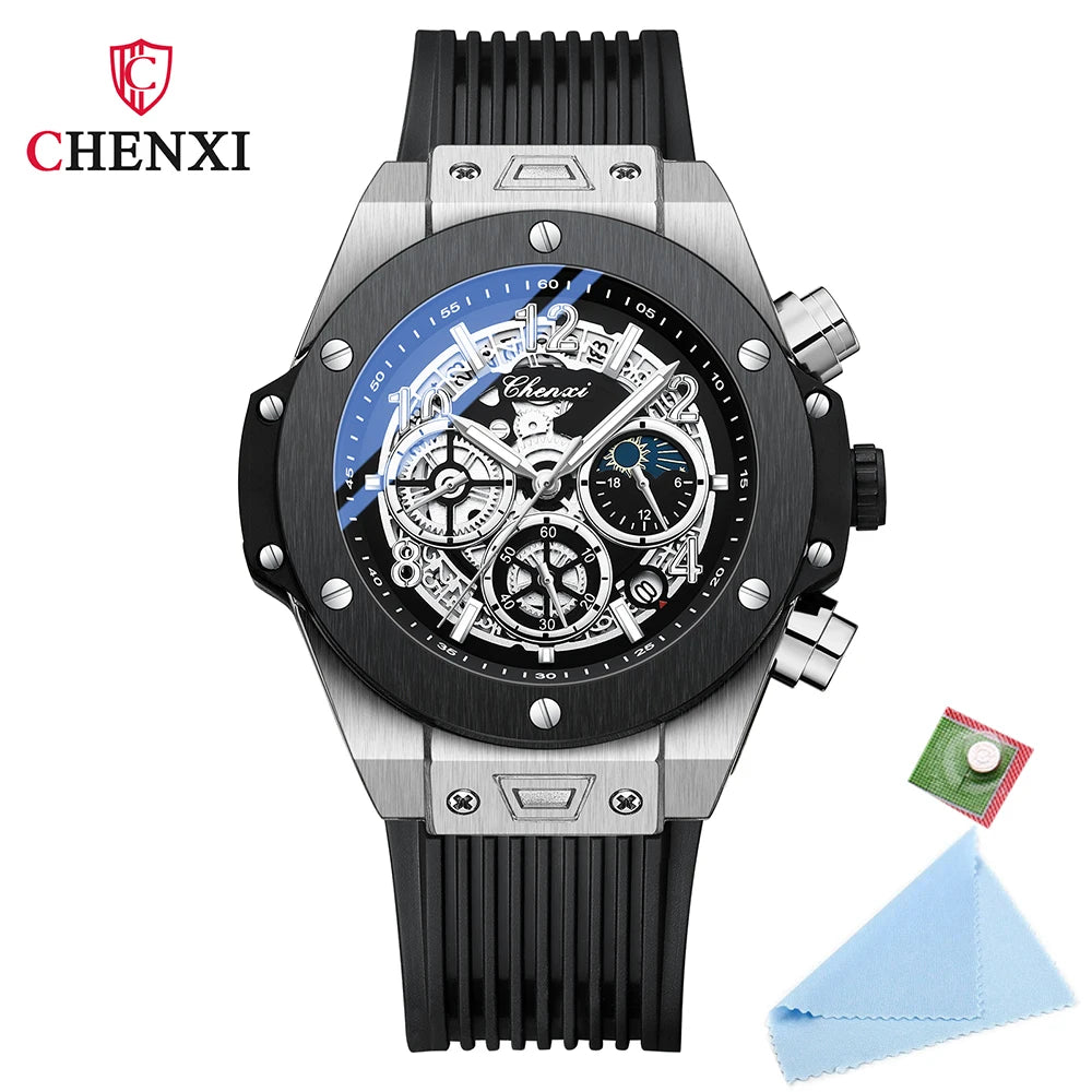 2024 CHENXI Mens Watches Top Brand Luxury Black Silicone Strap Sports Military Watch Men Waterproof Watches Stopwatch Moon Phase