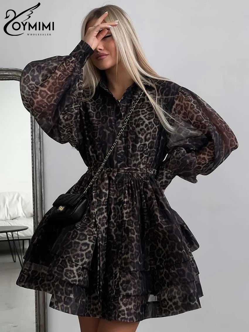 Oymimi Fashion Brown Leopard Print Women's Dress Elegant Long Sleeve Buton Lace-Up Dresses Casual Cascading Ruffle Mini Dresses - KIMLUD