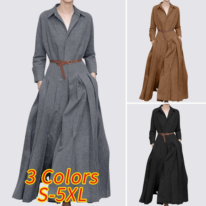 ZANZEA Women Office OL Maxi Dresses Vestido 2024 Spring Lapel Long Sleeve Dress Fashion Casual Solid A-line Sundress Oversized