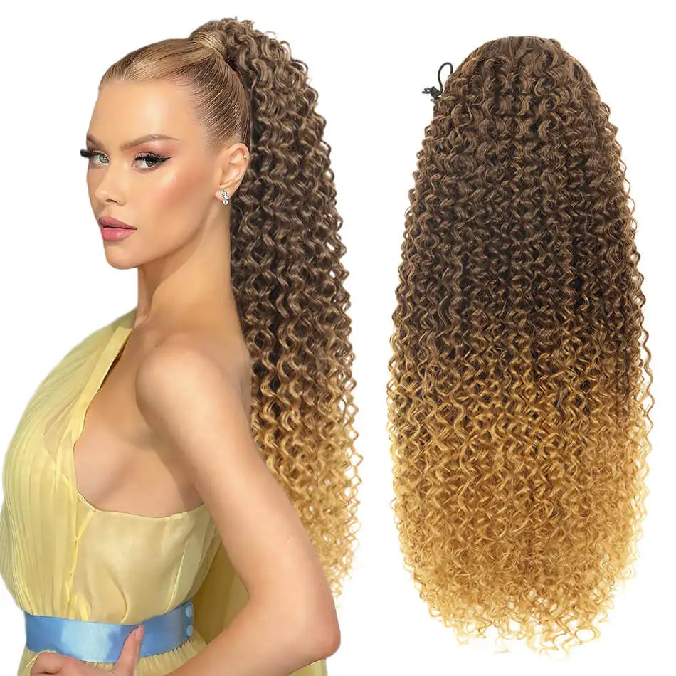 Synthetic Long Kinky Curly Ponytail 24inch Drawstring Ponytail Chip-In Hair Extension MT4/27# Wrap Around Ponytail - KIMLUD