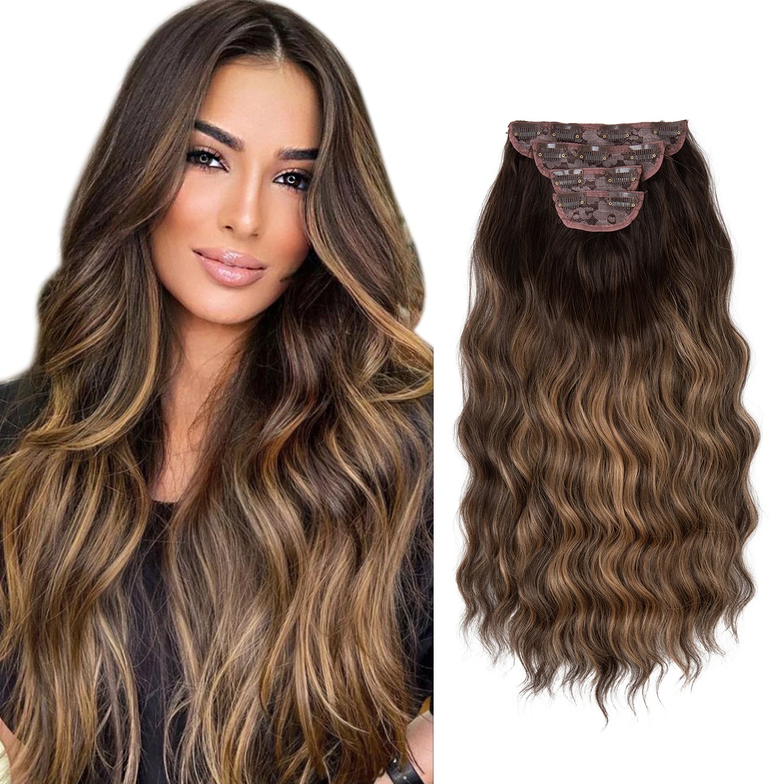 22" 4pcs/set Synthetic Clip In Hair Extensions Elegant Long Wavy Thick Hairpiece Daily Use Brown Blonde Natural Fake Hair