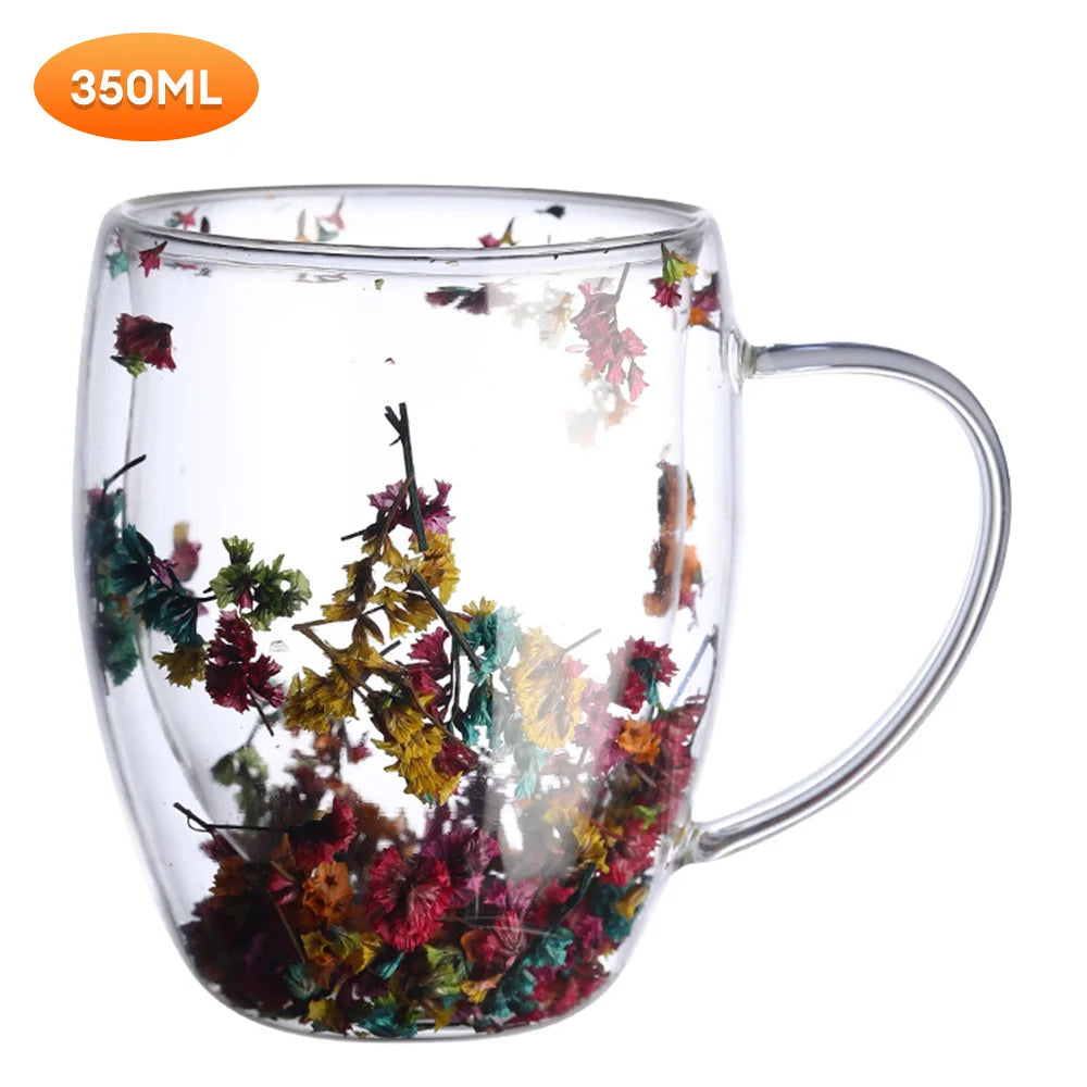 Creative Double Wall Glass Cup Dried Flower Filler Glass Cups Tea Coffee Cups Gifts High Borosilicate Glass Cups with Handles - KIMLUD