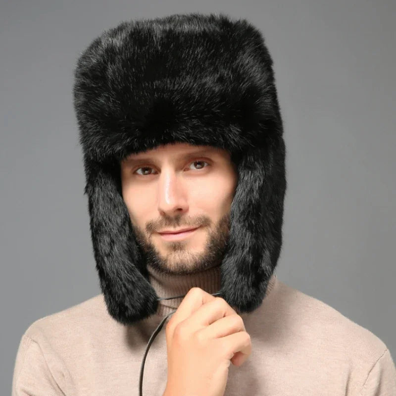 Winter Russian Man Woman Wholeskin Faux Rex Rabbit Fur Hats Luxury Faux Sheep Skin Leather Cap Fur Bomber Hat Ushanka Hats