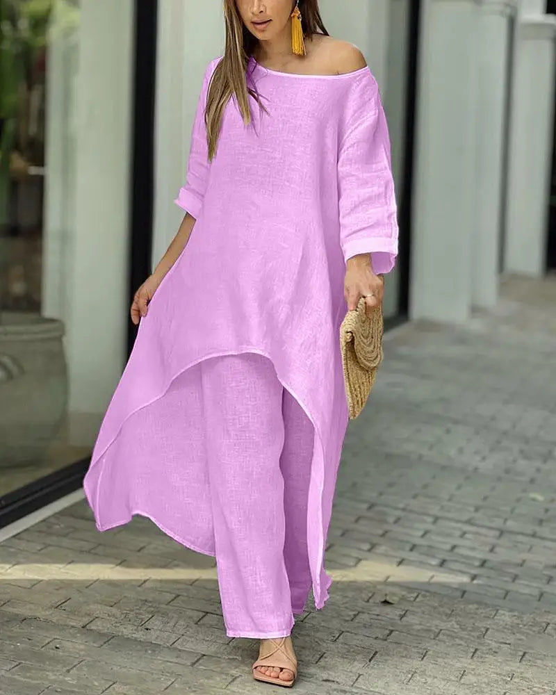 2 Piece Sets Women Solid Color Irregular Long Sleeved Tops Wide Leg Pants Two-piece Set Female Elegant Office Lady Outfit 2025