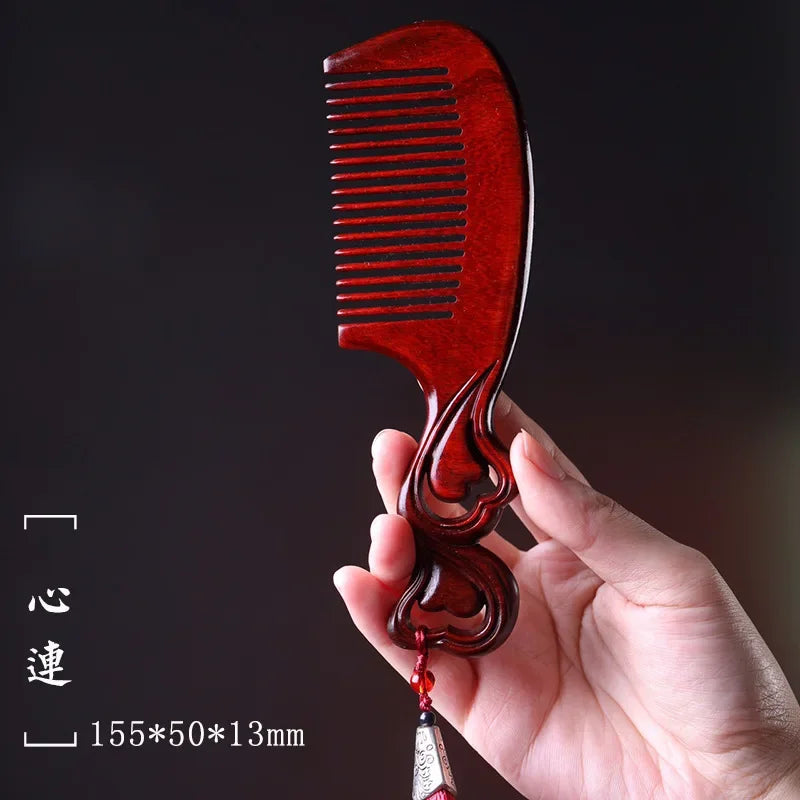 Natural Rhinoceros Horn Small Leaf Red Sandalwood Carved Wood Comb Retro Style Massage Comb Gifts with comb