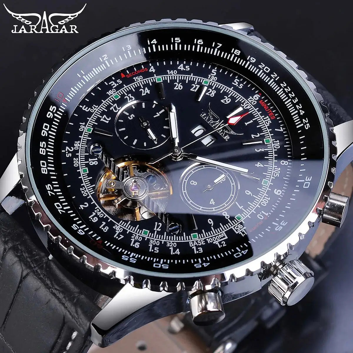 Jaragar Automatic Men Watches Pilot Style Tourbillon Calendar Display Black Genuine Leather Band Business Sport Mechanical Clock