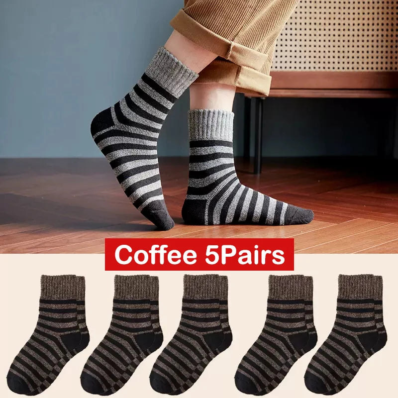 5pair Winter Thick Socks Men Super Thicker Solid Sock Striped Merino Wool Rabbit Socks Against Cold Snow Russia Winter Warm Sock - KIMLUD