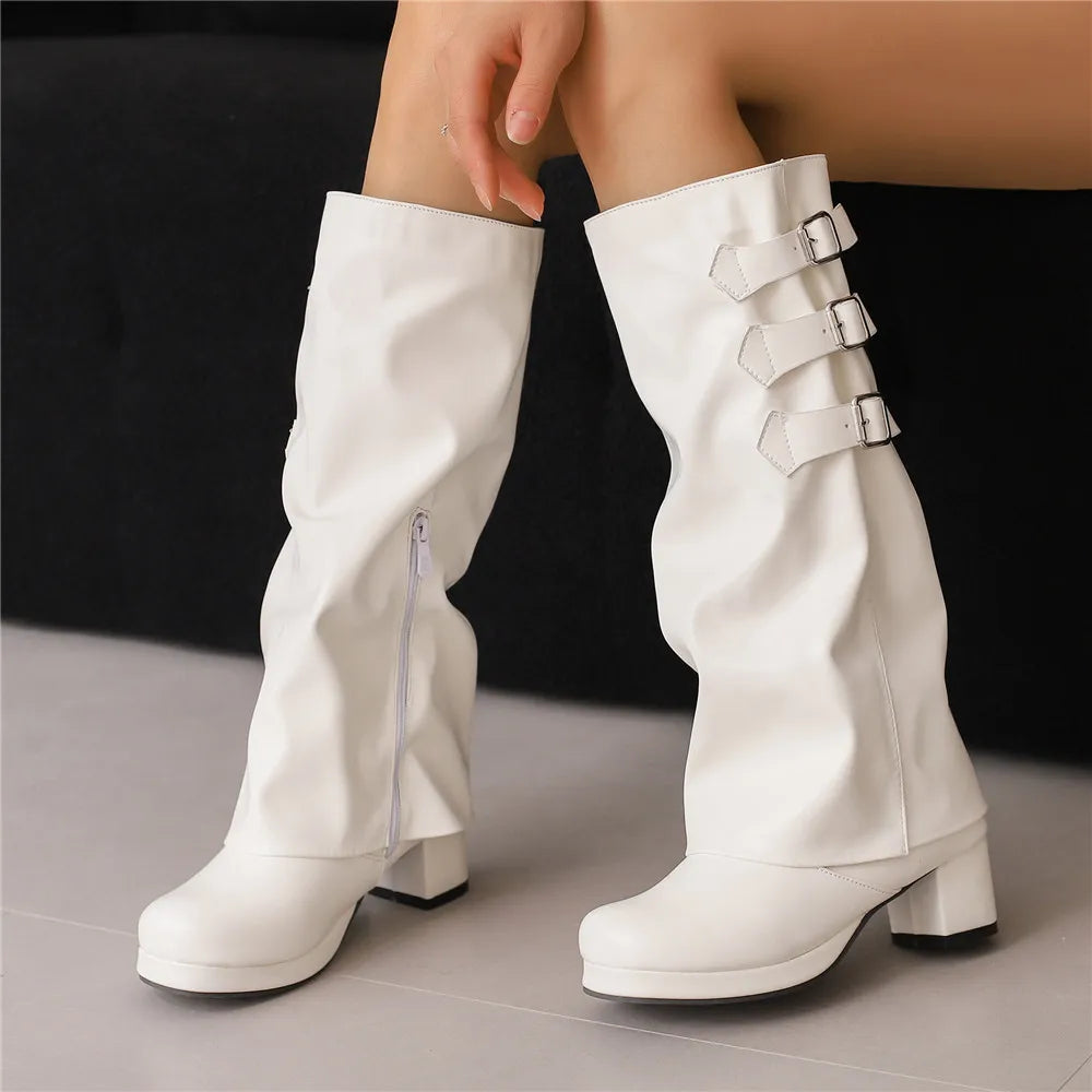 Women Thick Bottom Motorcycle Boots Women Knee High Boots Autumn Winter Women Gothic Punk Buckle Casual Boots Brown White Black