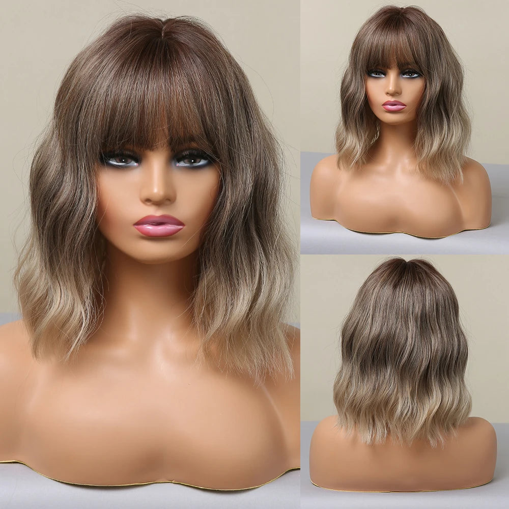 KIMLUD, HENRY MARGU Red Copper Ginger Synthetic Wigs with Bangs Medium Water Wave Natural Bob Daily Hair Wigs for Women Heat Resistant, LC058-1 wig, KIMLUD APPAREL - Womens Clothes