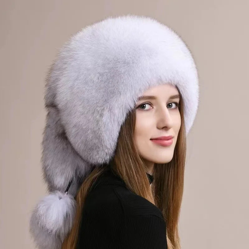 Real Fox Fur Hat For Women Winter Thickened Warm Natural Fur Princess Hat Adjustable Russians Cap Real Raccoon Fur Bomber Caps