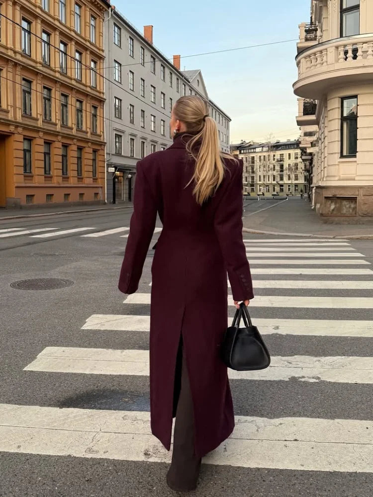 Elegant Wine Red Waist Up Wool Blend Long Jacket Women Chic Lapel Collar Single Breast Overcoat 2025 Autumn Lady High Streetwear