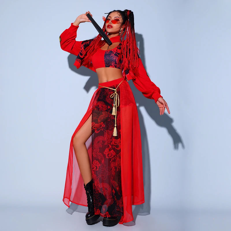 KIMLUD, Red Festival Outfits Hip Hop Clothes For Adults Gogo Dance Stage Costumes Chinese Style Women'S Jazz Performance Clothes, KIMLUD Womens Clothes